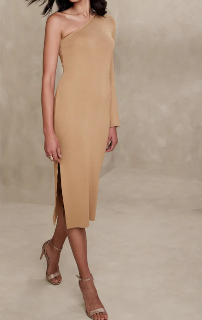 Banana Republic One Shoulder Midi Sweater Dress Large, Black NEW! B17