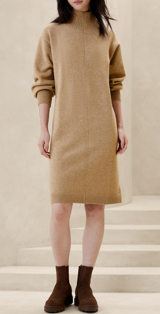 Banana Republic Knee Length Turtleneck Sweater Dress, Beige, Large B15