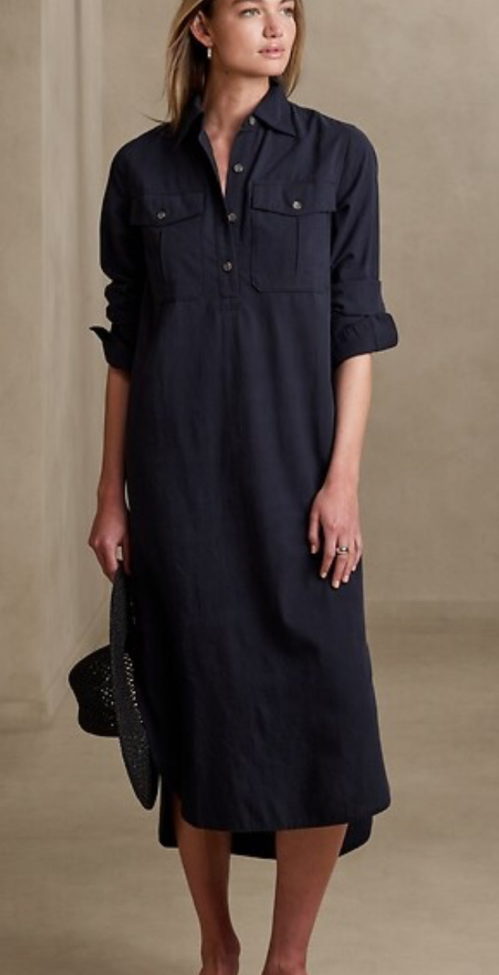 Banana Republic Washed Cotton Maxi Shirt Dress, Navy. Large Petite, B15