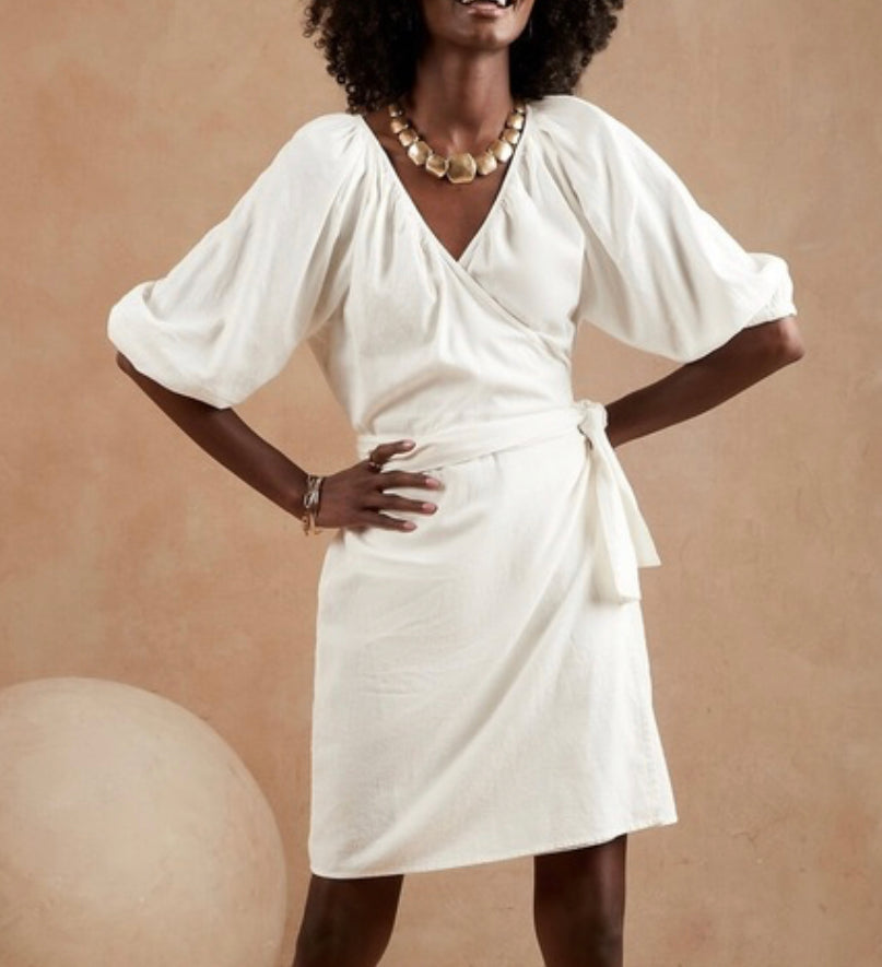 Banana Republic Blouson Sleeve, Linen-Blend Mini Wrap Dress, Large petite, B17