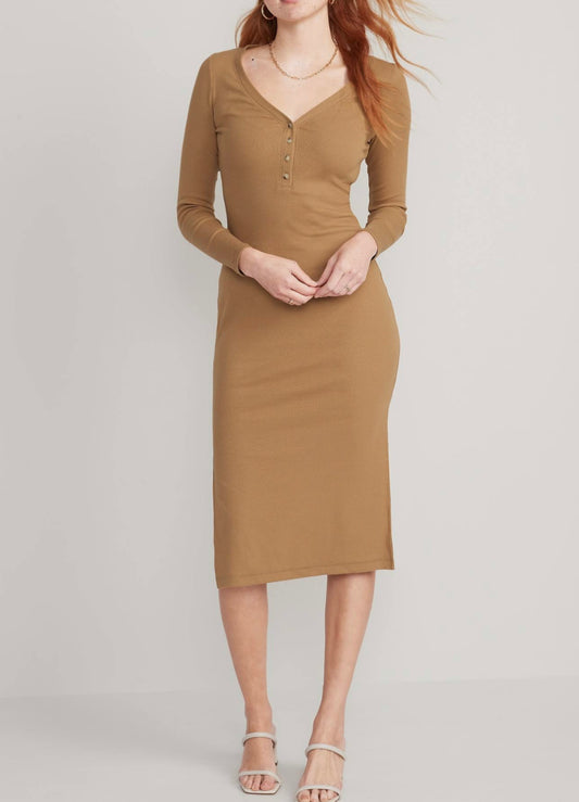 OLD Navy Fitted Long-Sleeve Rib-Knit Henley Midi Dress, XL B14
