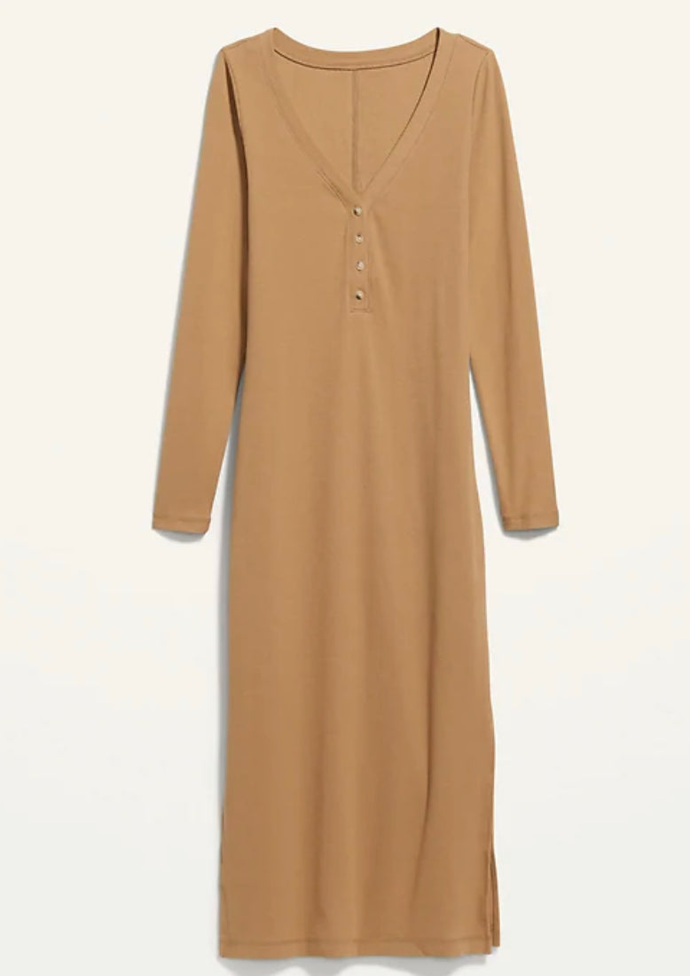 OLD Navy Fitted Long-Sleeve Rib-Knit Henley Midi Dress, XXL B14