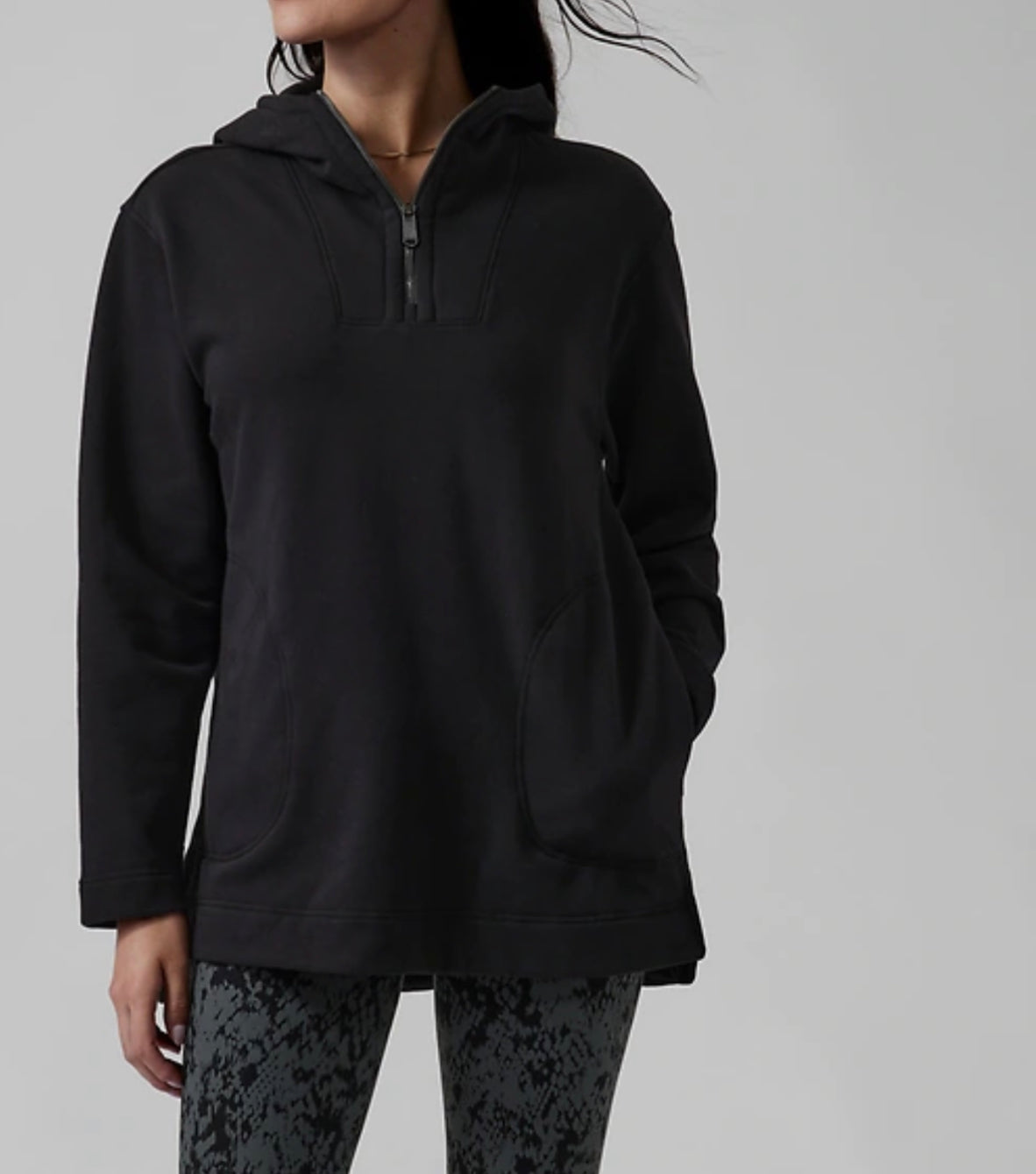 ATHLETA Retroplush Tunic Hoodie, Black Large New! B10