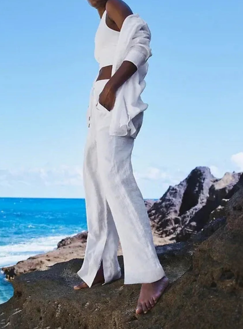 ATHLETA Retreat Linen Wide Leg Pant, White, 14 New! B8