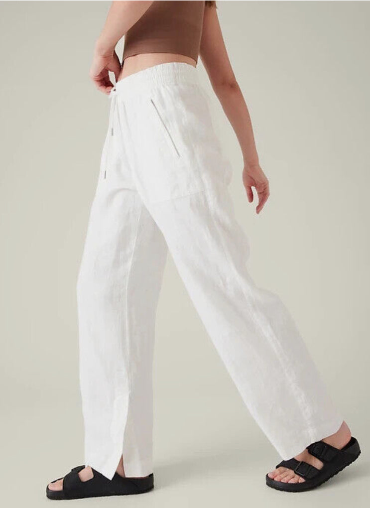 ATHLETA Retreat Linen Wide Leg Pant, White, 14 New! B8