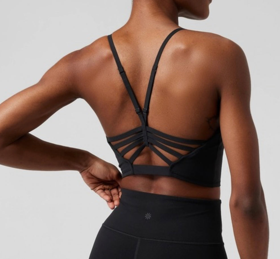 ATHLETA Elation Strappy Long Line Bra D/DD Black, Large NEW! A11