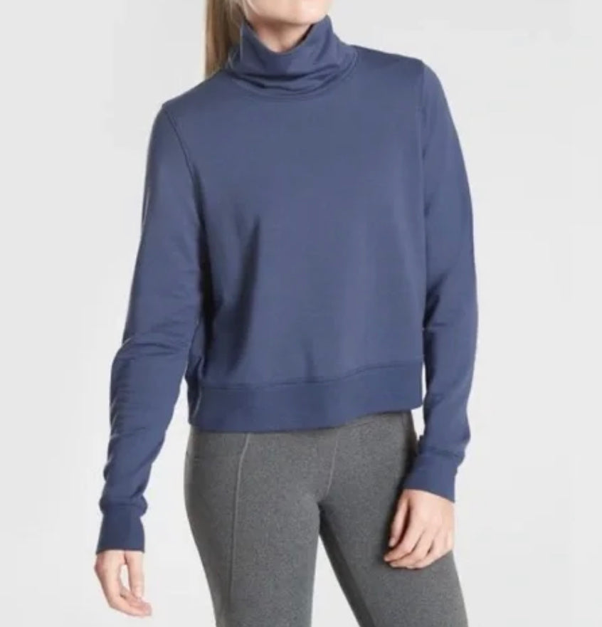 Athleta Nirvana Sweatshirt Pullover Cropped Funnel Neck, LT, New! B9