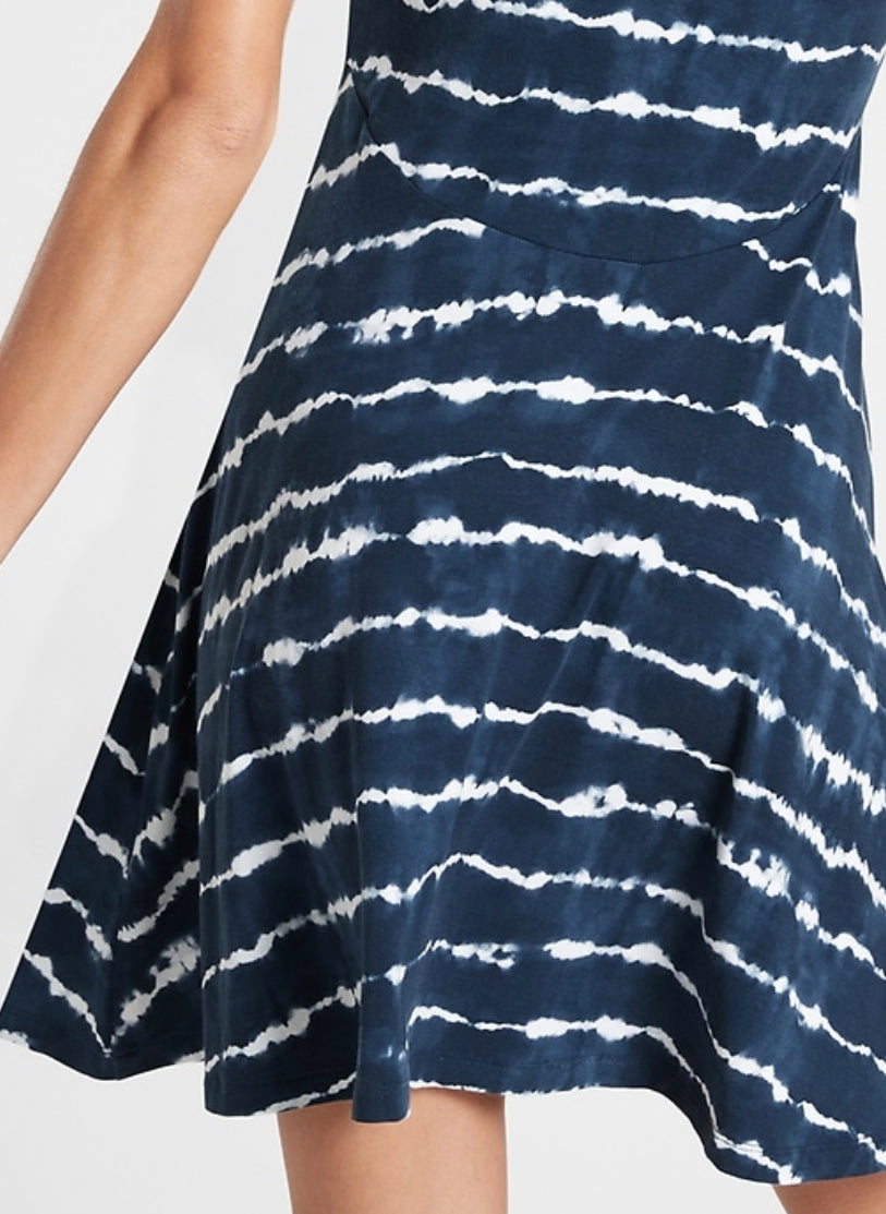 ATHLETA Santorini Thera Dress Tie Dye Stripe Navy, New! B12