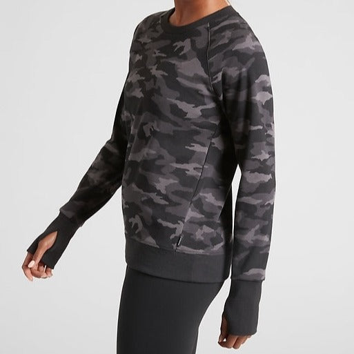 ATHLETA Triumph Printed Crewneck Sweatshirt, Black Camo New! B3