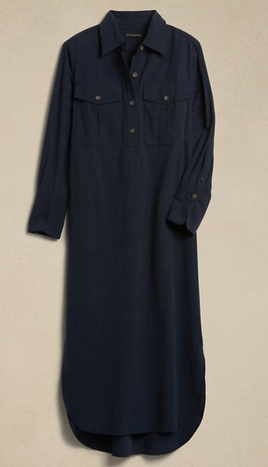 Banana Republic Washed Cotton Maxi Shirt Dress, Navy. Large Petite, B15