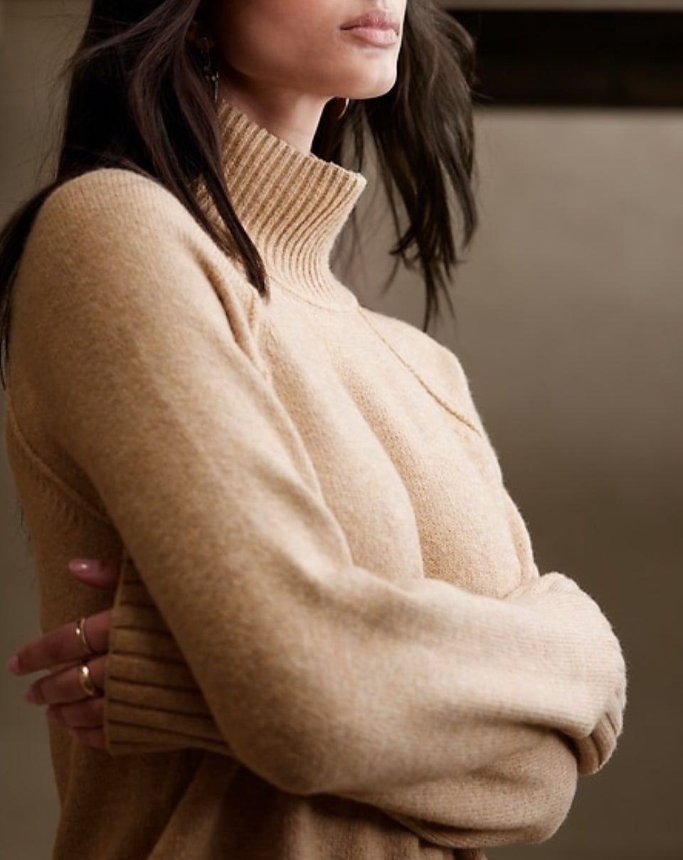 Banana Republic Knee Length Turtleneck Sweater Dress, Beige, Large B15