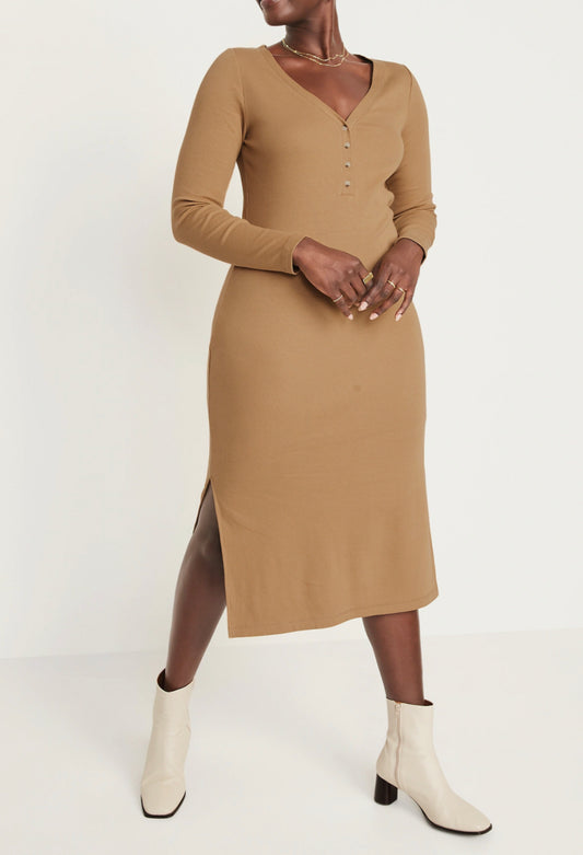 OLD Navy Fitted Long-Sleeve Rib-Knit Henley Midi Dress