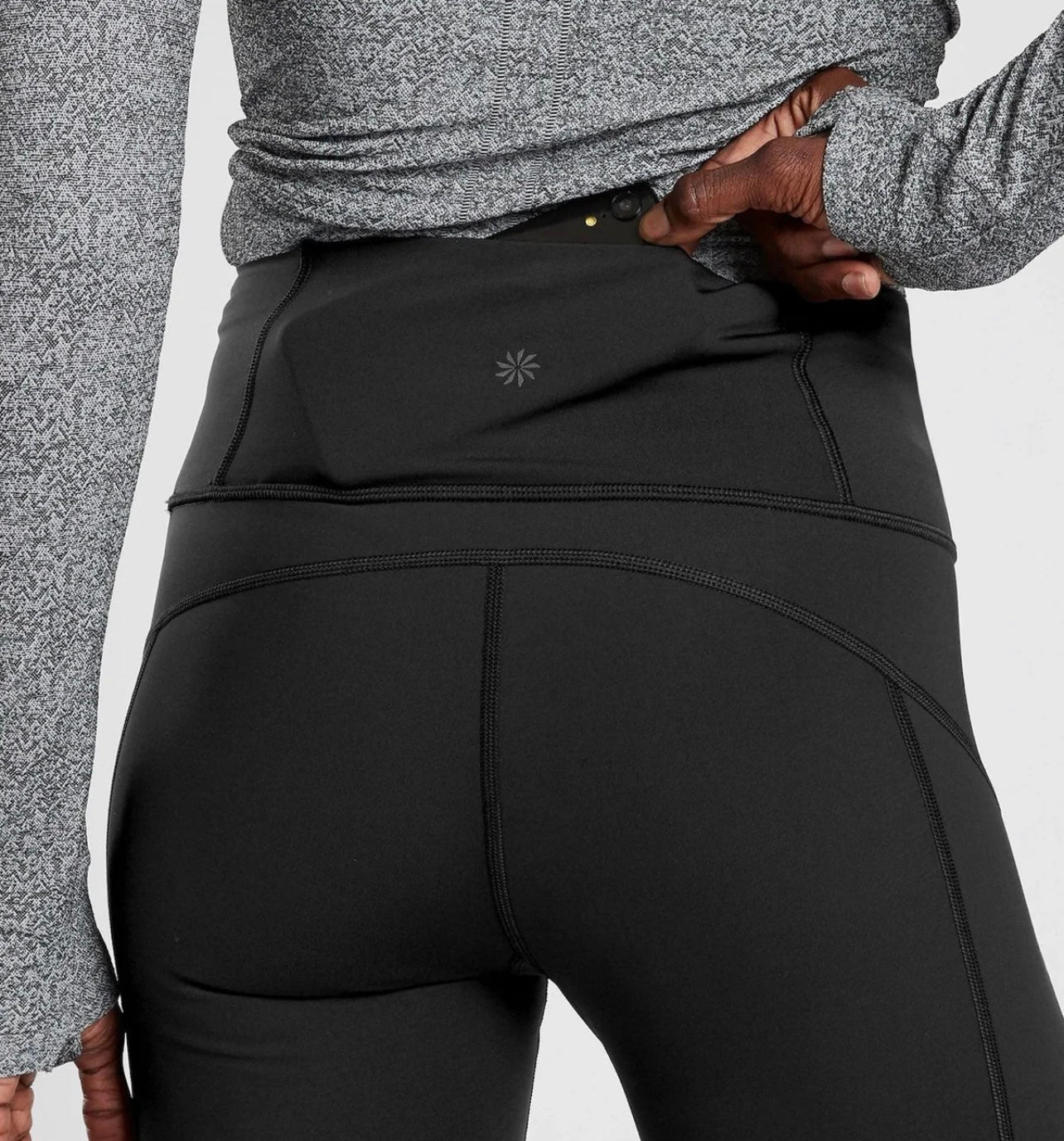 Athleta Leggings Pants Womens Medium Black Silver Logo Back Zip Pocket